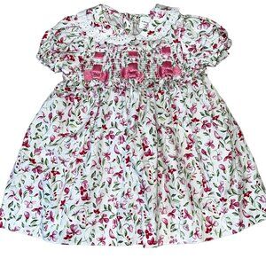 Dainty Floral Smocked Collared Dress Ribbons Satin Lace RN 16954 Vintage 24 Mont